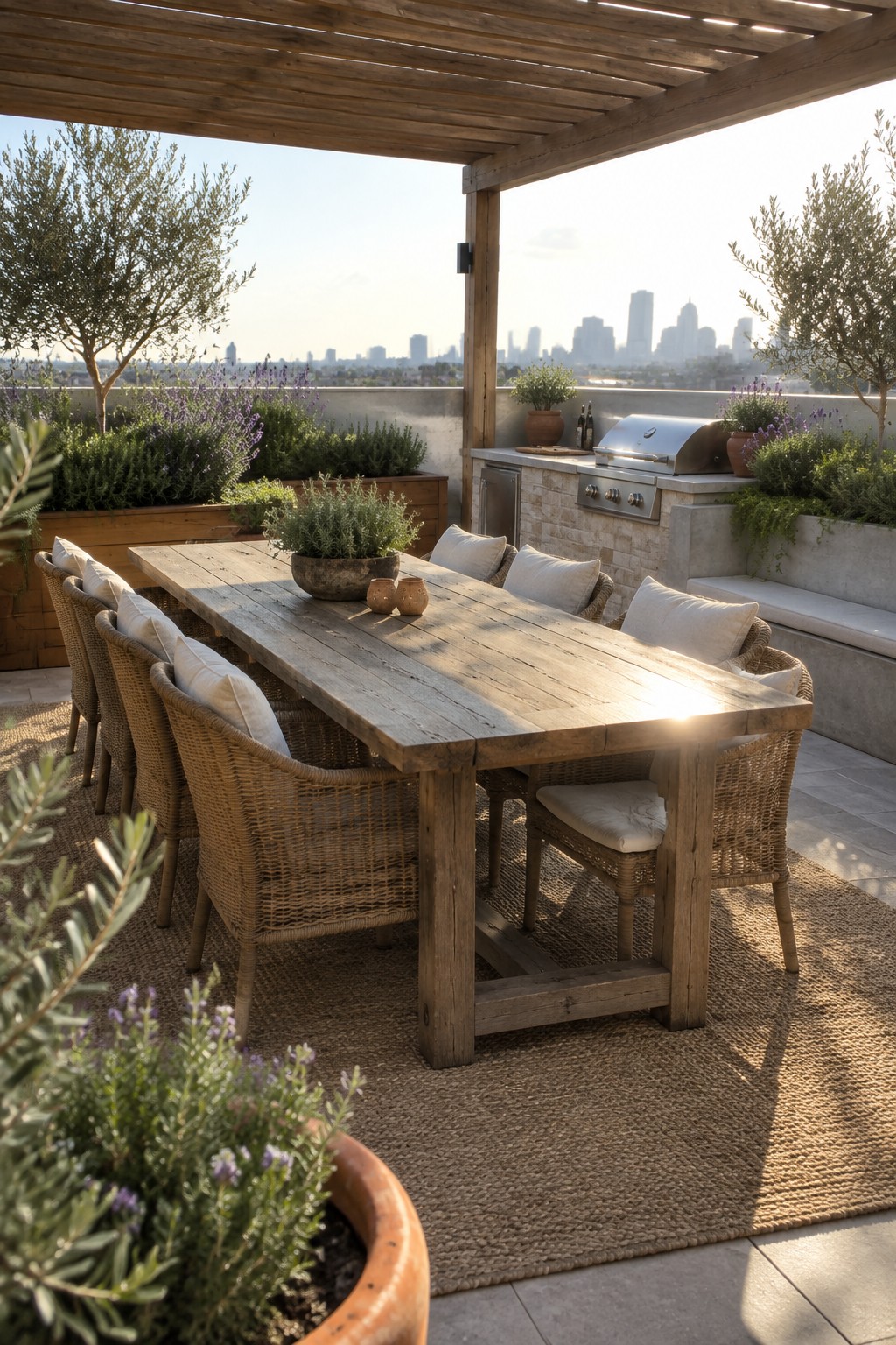 A long wooden dining table with wicker chairs sits under a slatted pergola on a rooftop terrace beside a built-in grill and potted plants.