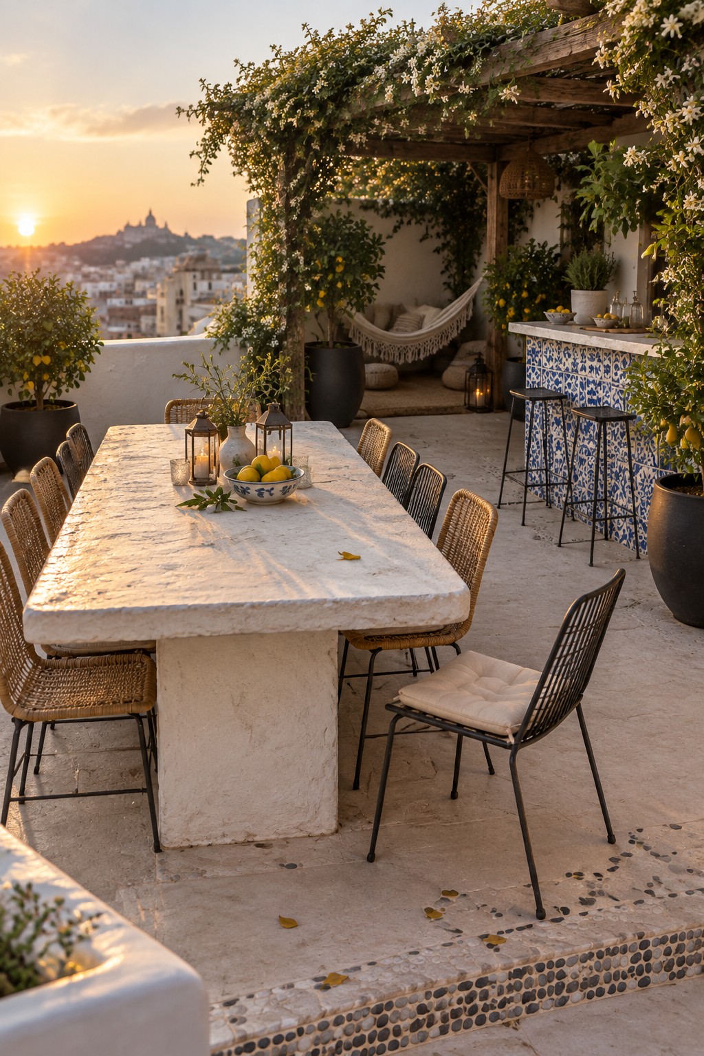 Rooftop terrace at sunset with marble table, wicker chairs, lanterns, and city view.