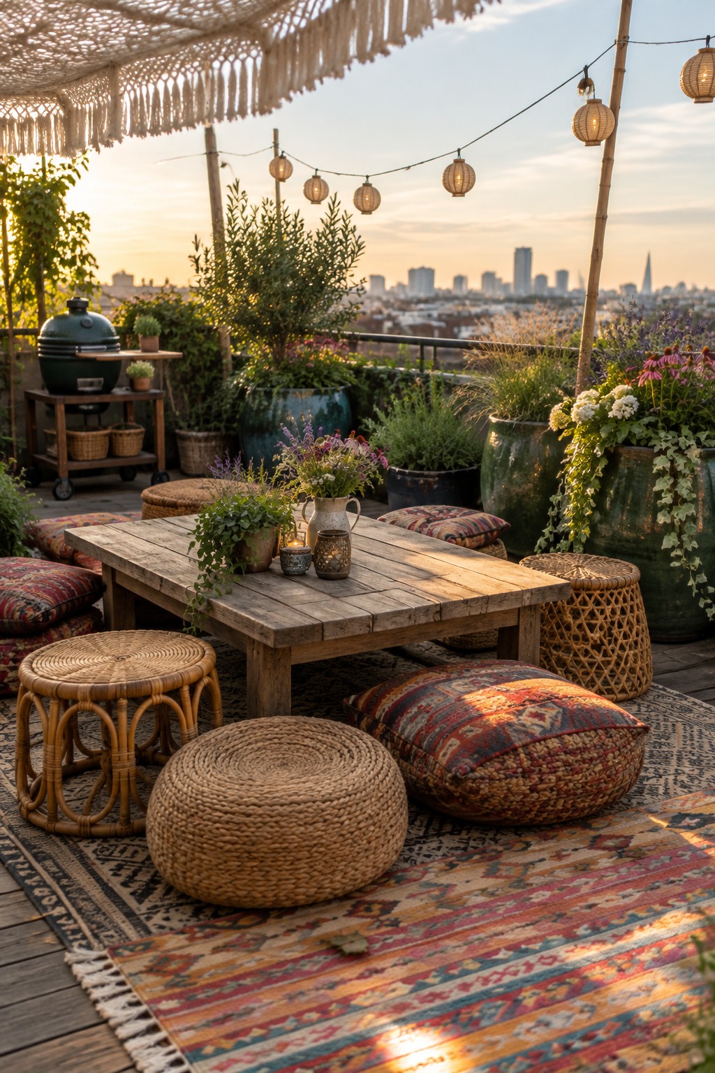 A rooftop patio with a low wooden table, floor cushions, woven stools, potted plants, string lights, and a city skyline at sunset.
