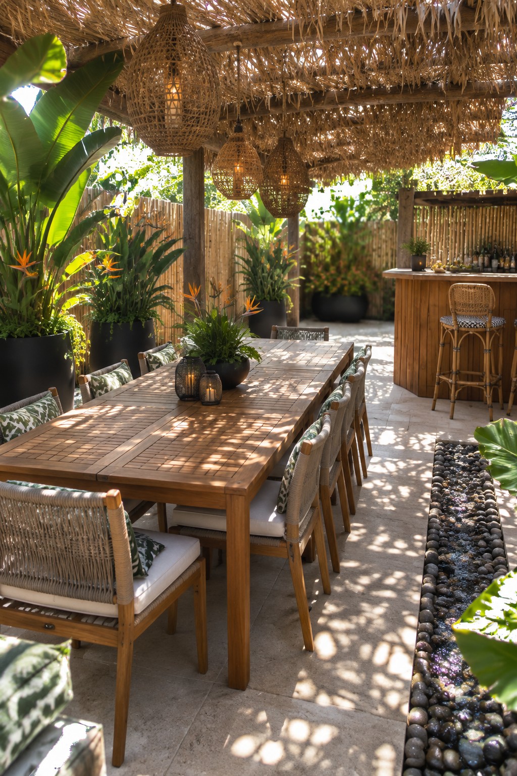 A long wooden dining table with woven chairs is positioned under a thatched roof structure on a paved patio with potted plants and a nearby bar.