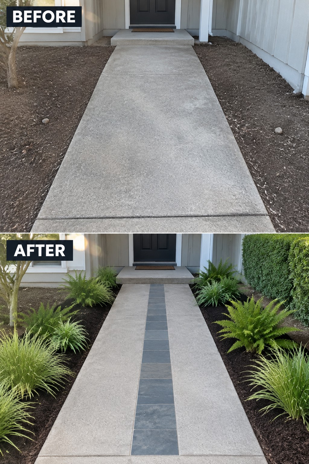 Before-and-after views of concrete walkway with added gray tile strip and garden plants