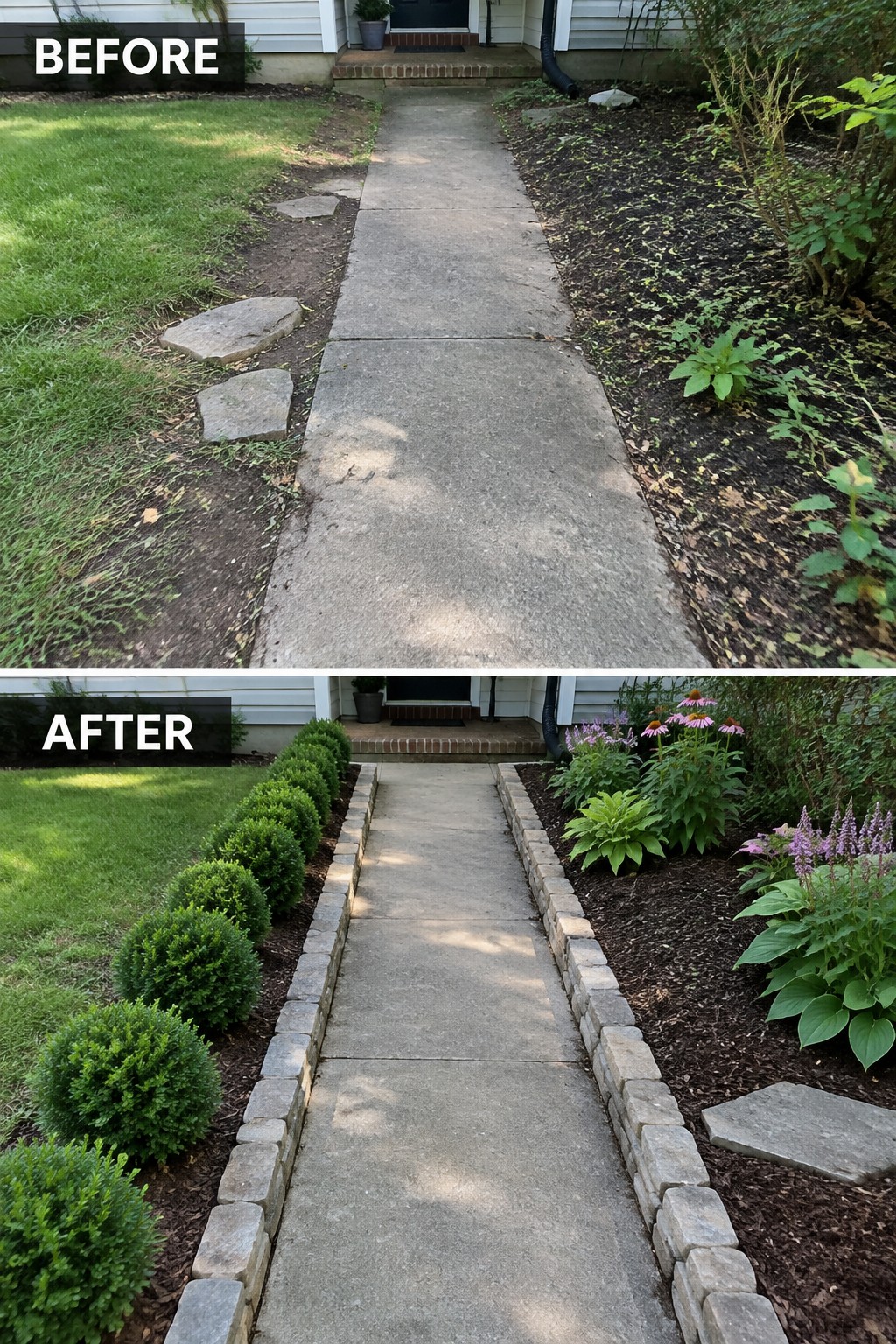 Before-and-after image of a concrete walkway updated with stone edging, shrubs, and defined planting beds on both sides.