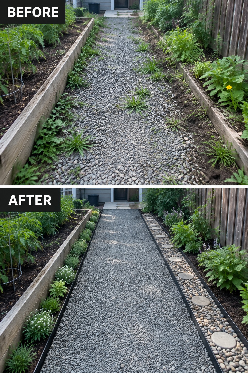 Before and after of gravel garden path with raised beds and stepping stones.