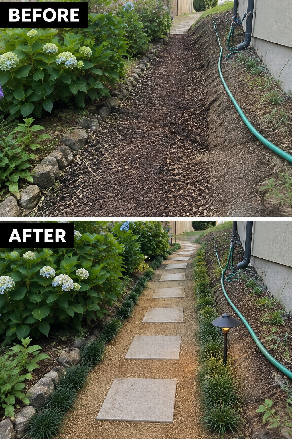 Before-and-after image of a garden path changed from mulch and dirt to a walkway lined with concrete pavers and small border plants.