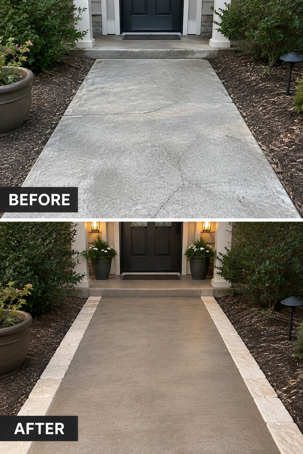 Before-and-after views of cracked walkway repaired with stone edging at home entrance.
