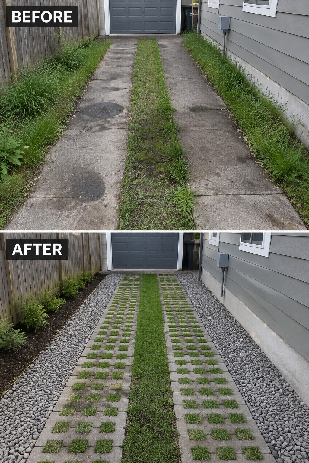 Before-and-after view of weedy concrete path transformed into paver walkway with grass and gravel.