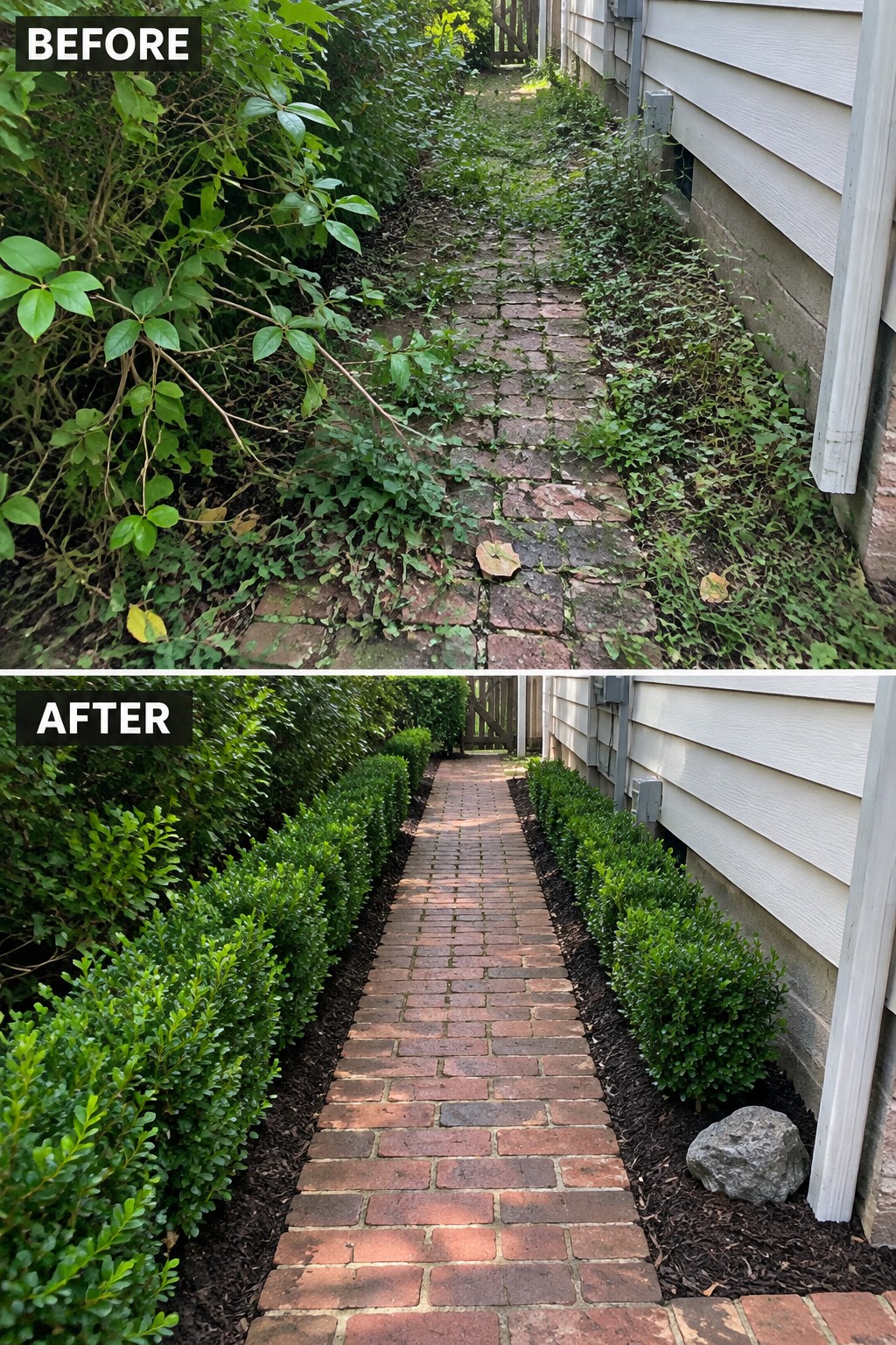 Before-and-after image of an overgrown brick walkway cleared and lined with trimmed boxwood hedges on both sides.