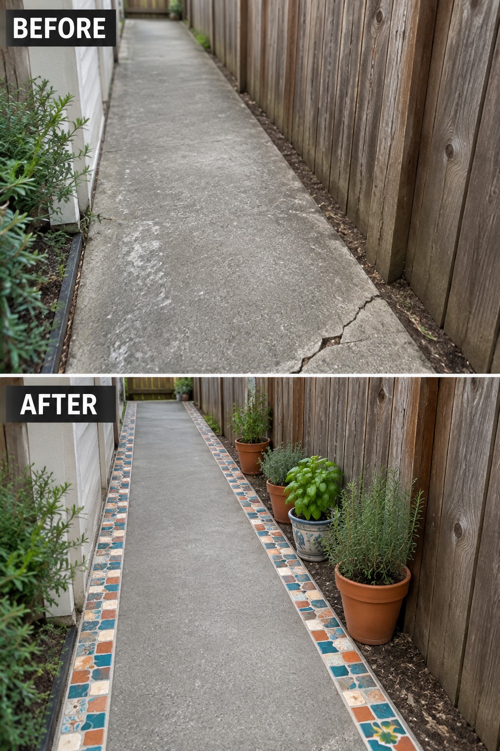 Before-and-after image of a cracked concrete walkway updated with colorful mosaic tile borders along both edges and potted plants placed on one side.