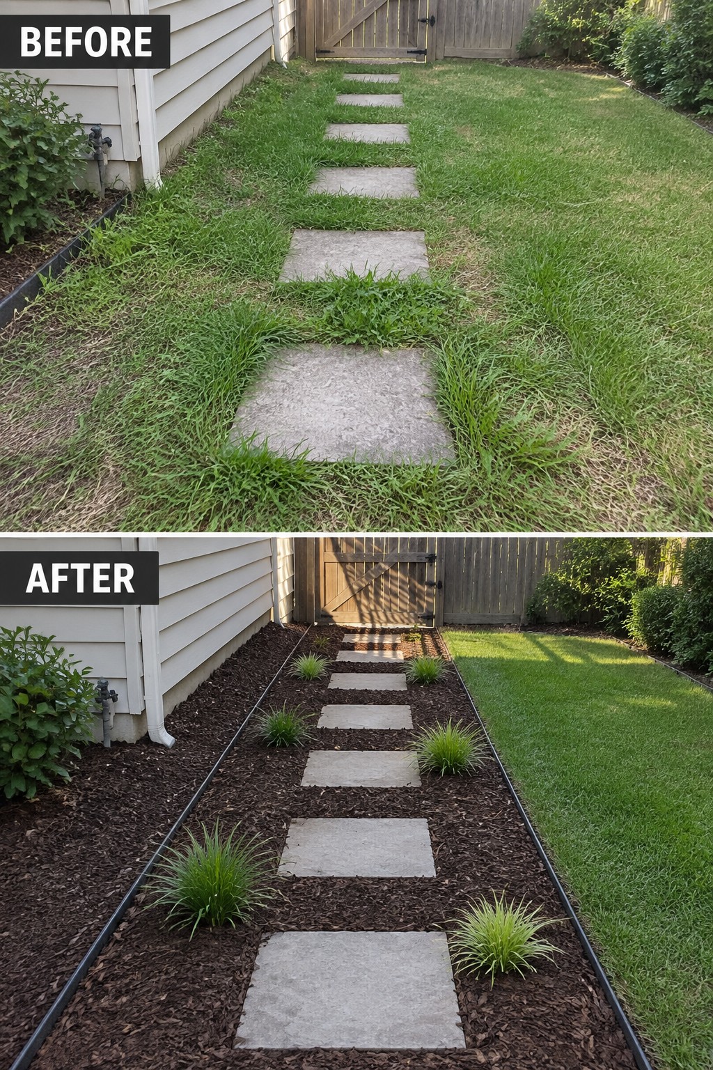 Before-and-after image of an overgrown stone path changed into a clean walkway with mulch borders and small plants along the edges.