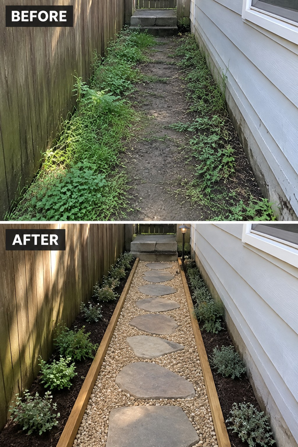 Before-and-after of overgrown dirt path transformed into stepping stones on gravel with plants.