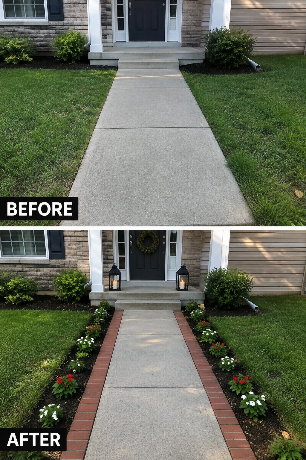 Before-and-after image of a plain concrete walkway transformed with brick edging and planted garden beds on both sides.