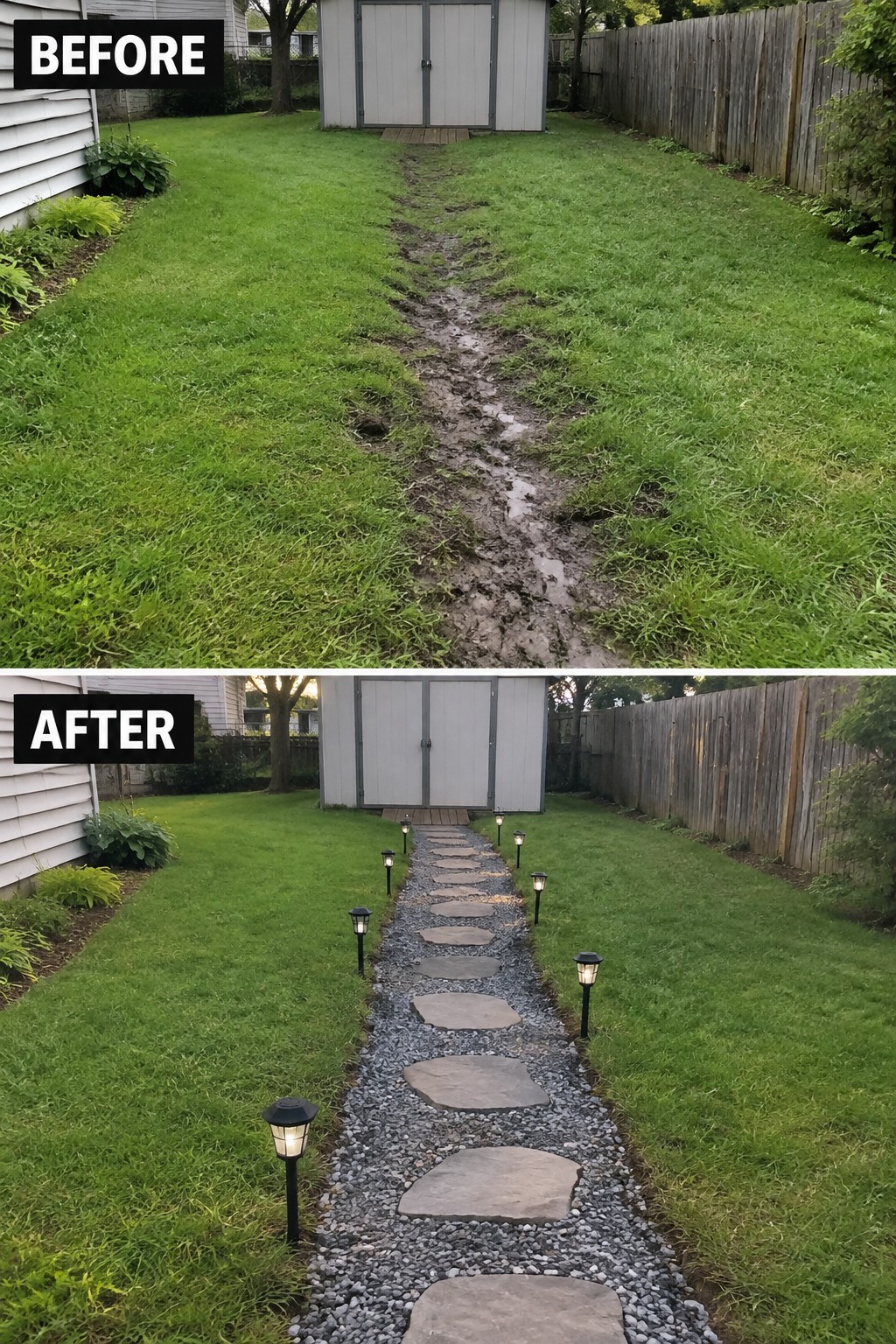 Before muddy trail through lawn and after stone path with solar lights.