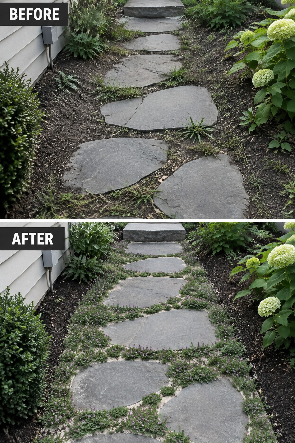 Before and after of stone path with added purple flowering ground cover plants
