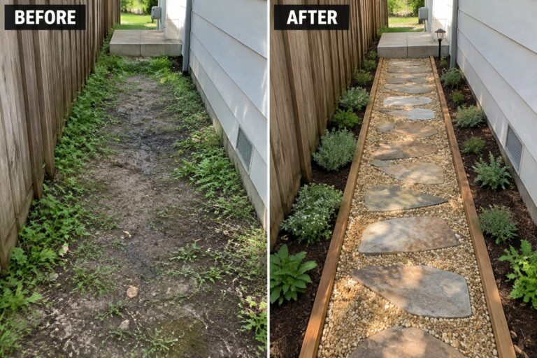 21 Easy DIY Walkway Makeover Ideas for Weekend Projects Before-and-after of overgrown dirt path transformed into stepping stones on gravel with plants.