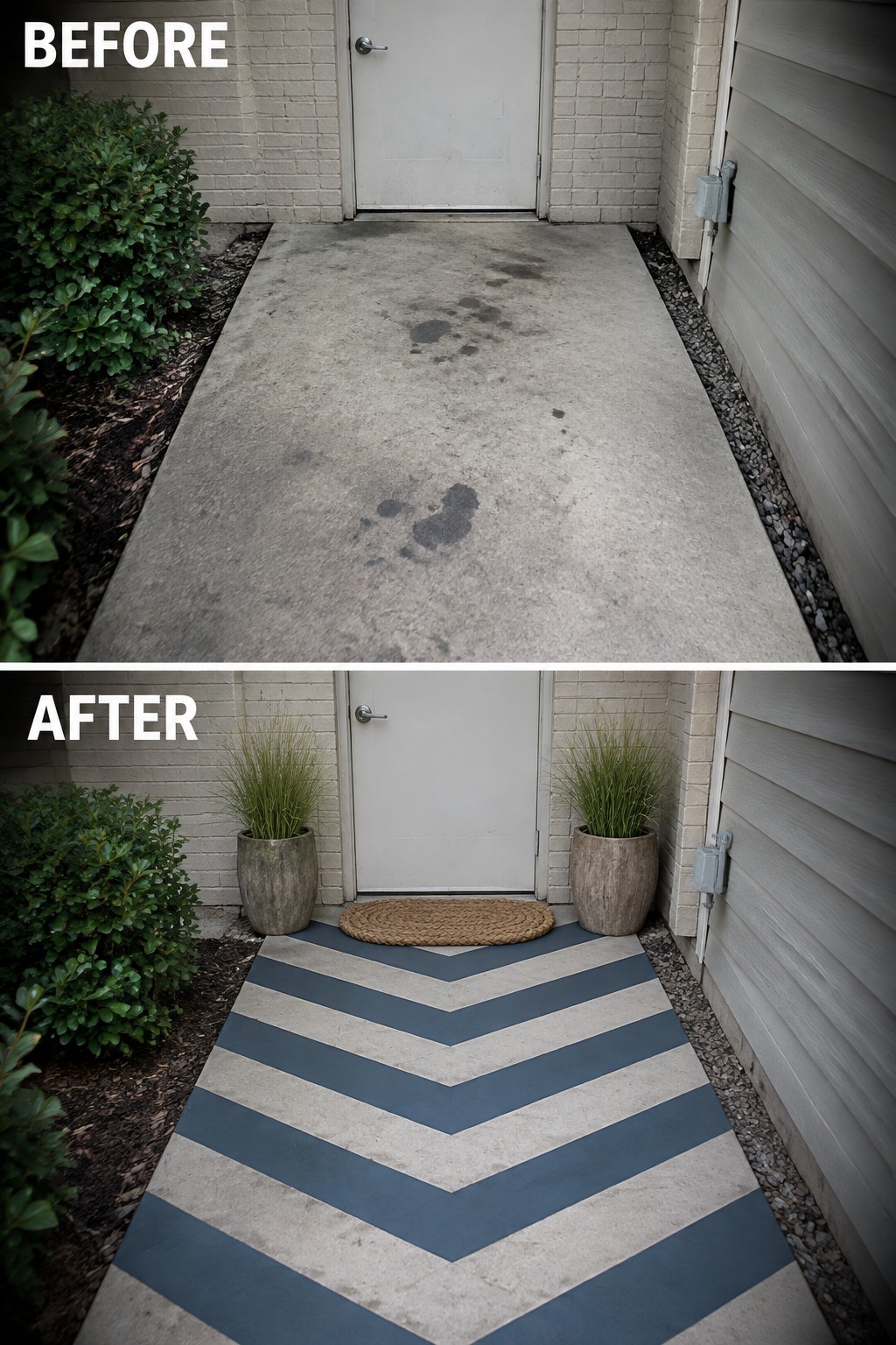 Before and after of concrete walkway painted with blue-gray chevron stripes and potted plants.
