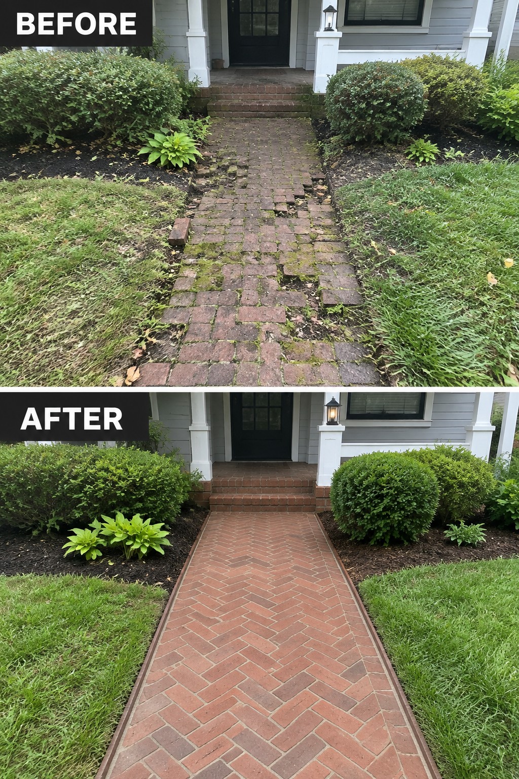 Before-and-after of mossy uneven brick path transformed into neat herringbone walkway.
