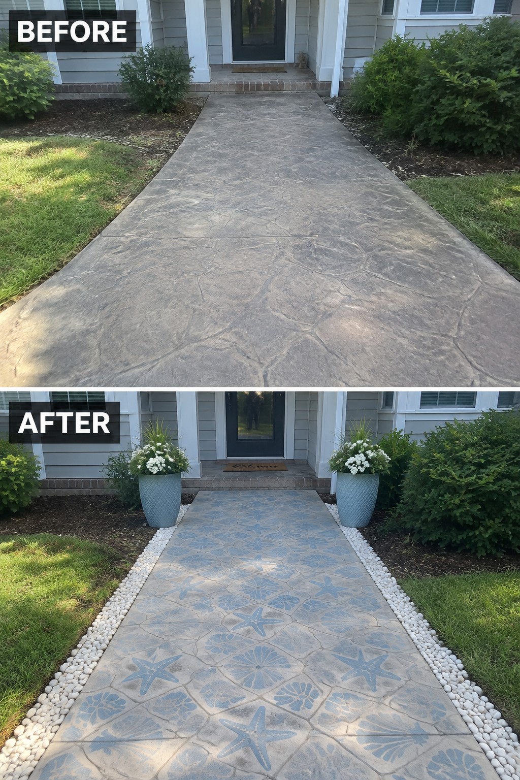 Before-and-after walkway: plain gray concrete versus blue seashell and starfish stenciled path with pebble borders.