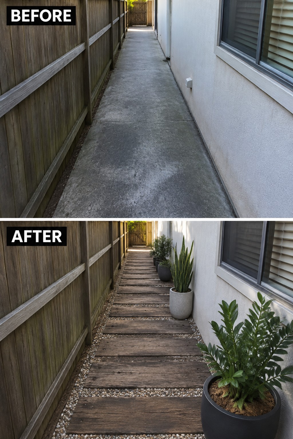 Before and after of narrow walkway: concrete replaced by wooden planks with potted plants.