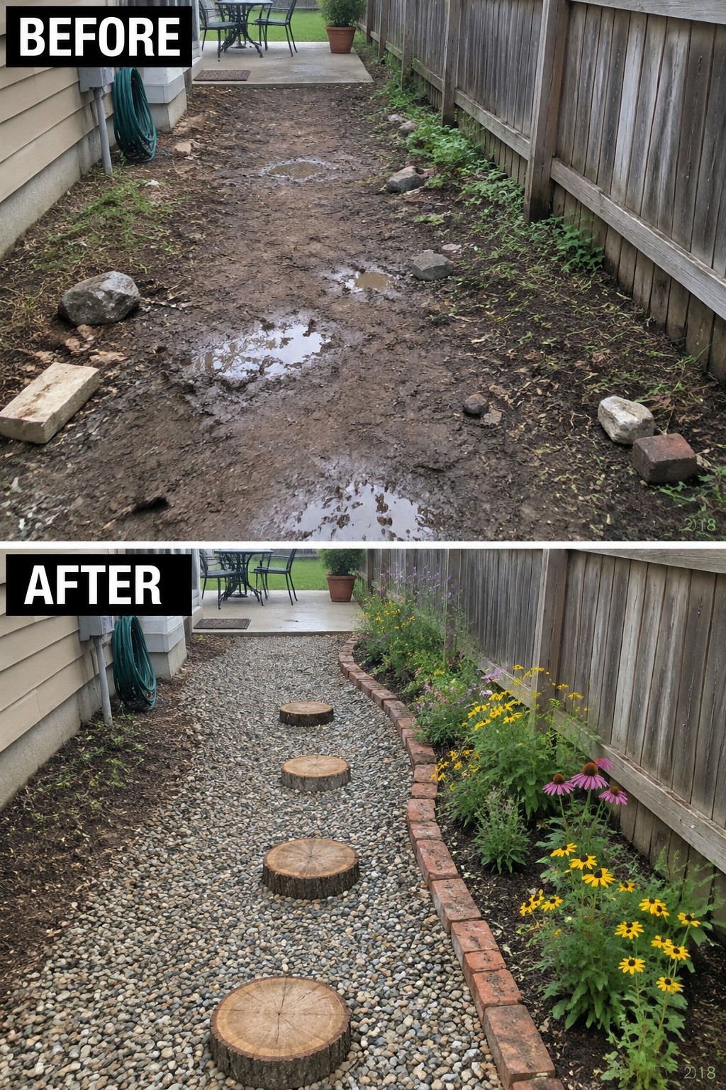 Before-and-after backyard path: muddy puddle to gravel with stepping stones and flowers.