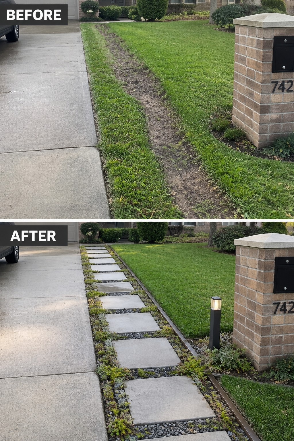 Before-and-after view of dirt path turned into concrete paver walkway with gravel and lamp.