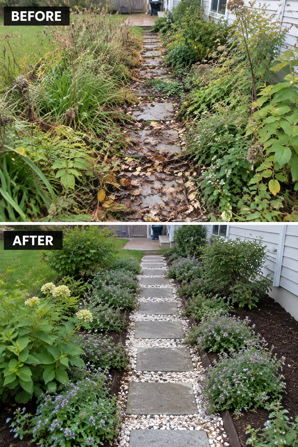 Before and after of overgrown stone path transformed into neat garden walkway with pebbles.