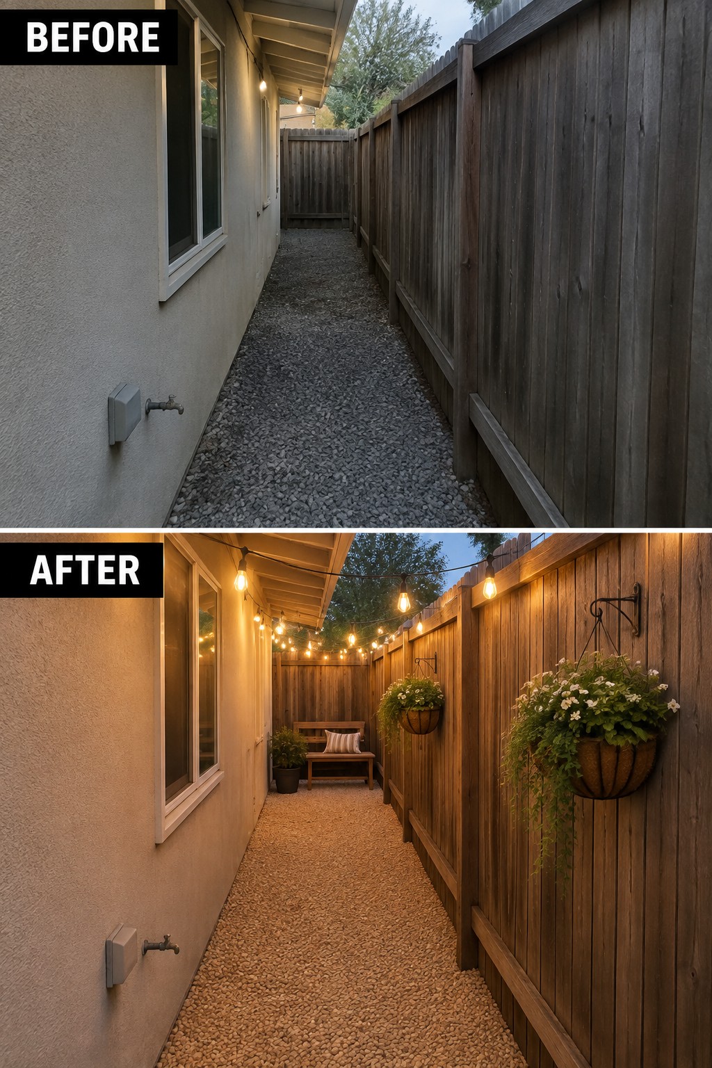 Before-and-after views of a narrow gravel walkway lit by string lights with added bench and hanging plants.