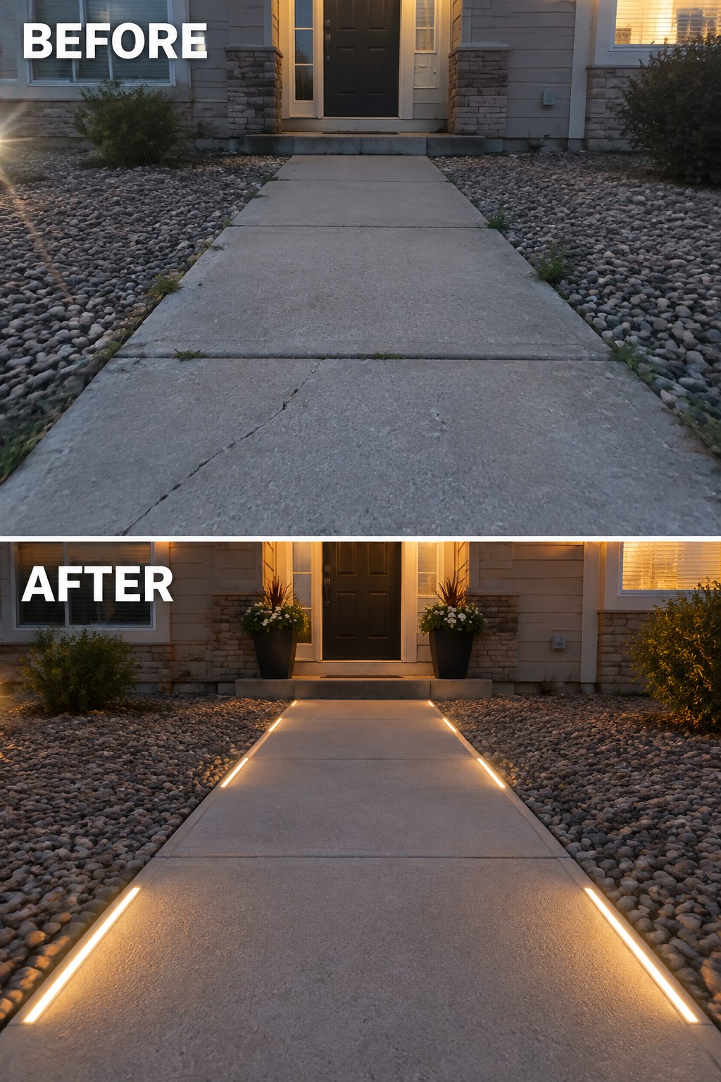Before-and-after image of a concrete front walkway updated with path lights running along both edges.