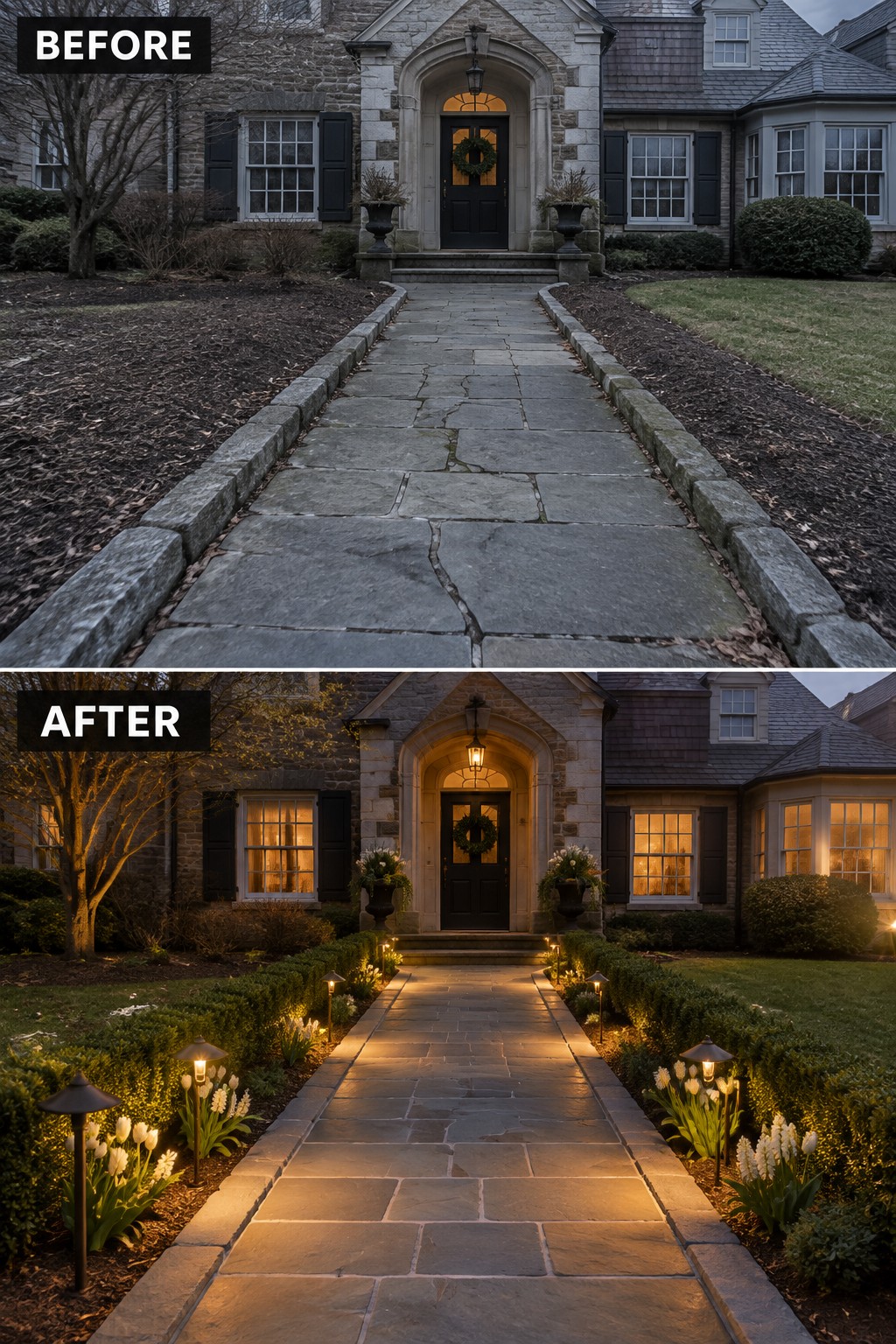 Before-and-after image of a stone front walkway with path lights and planted garden borders added in the after version.
