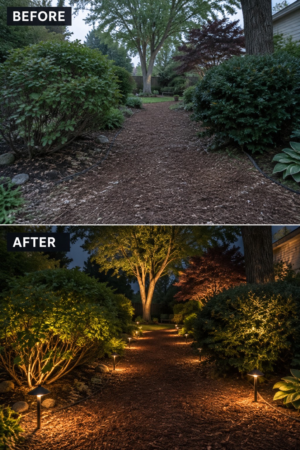 Before-and-after view of mulched garden path with added warm pathway lights