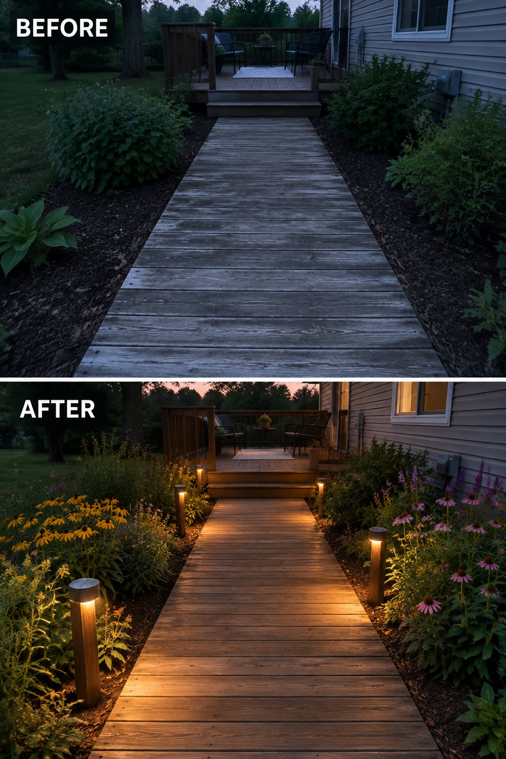 Before and after of wooden path with added glowing bollard lights and colorful flowers.