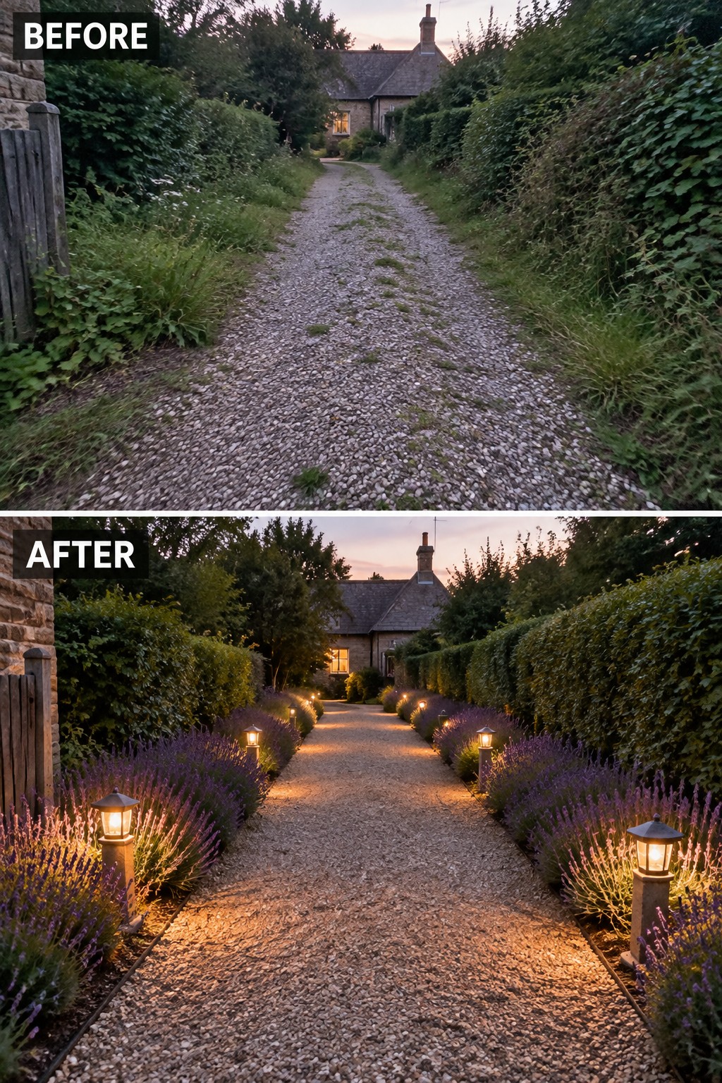 Before-and-after image of a gravel path leading to a stone cottage, transformed by adding lavender borders and path lights along both sides.