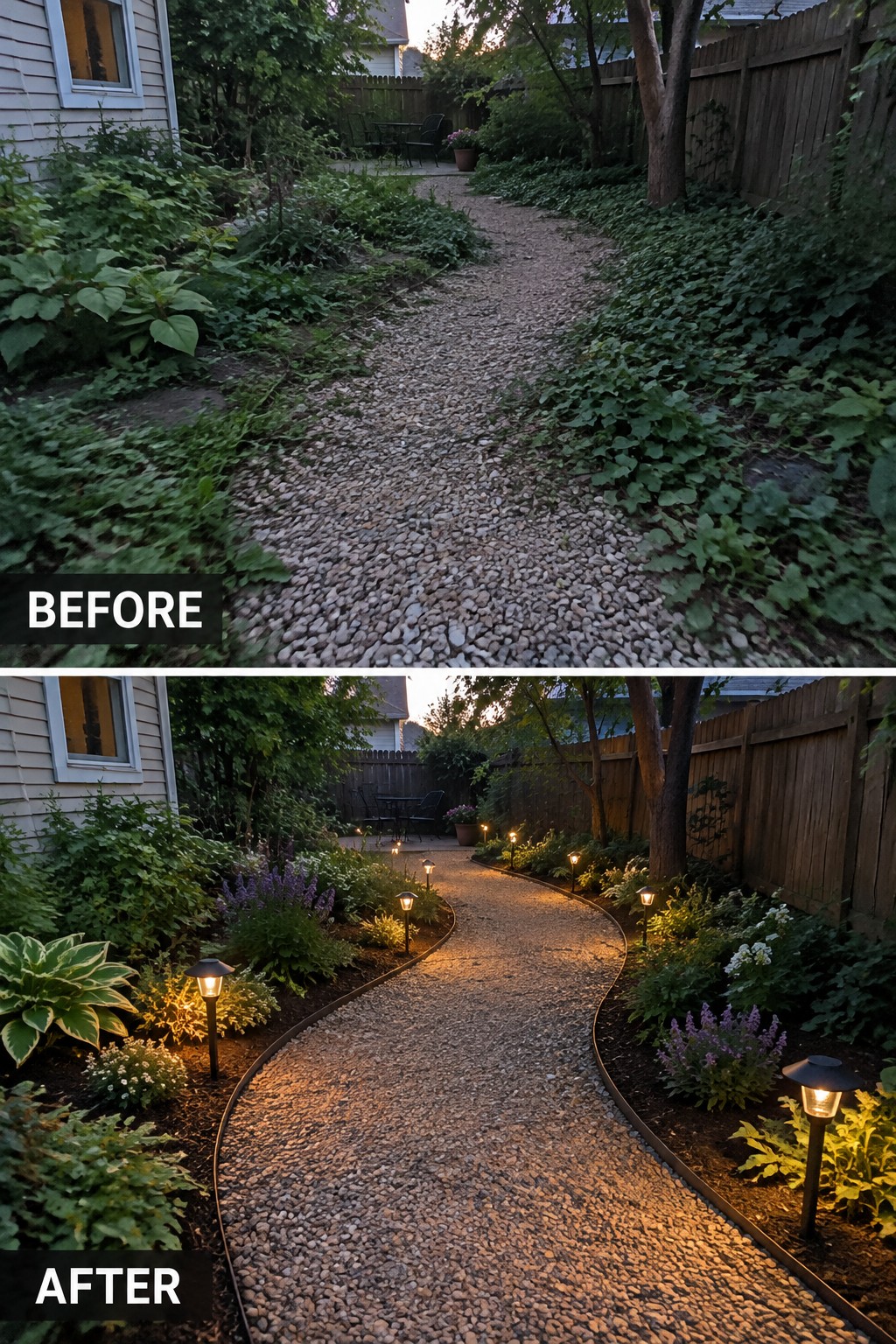 Before and after of gravel path with solar lights and landscaped flower beds