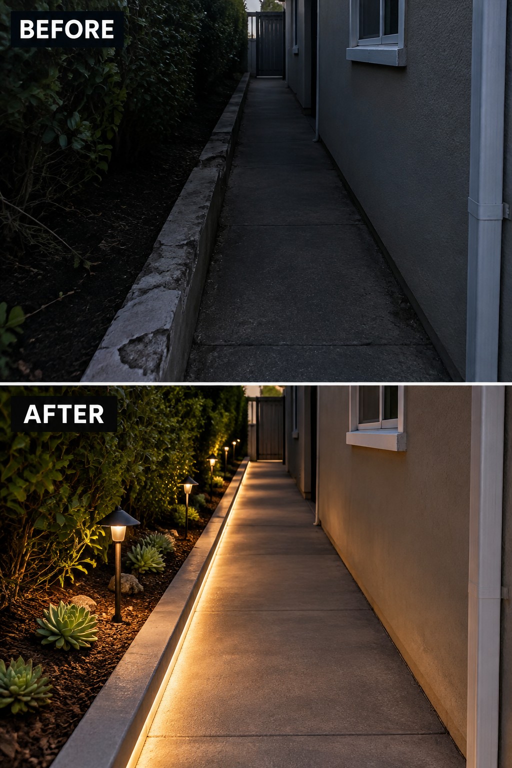 Before-and-after view of concrete path upgraded with warm garden and path lighting