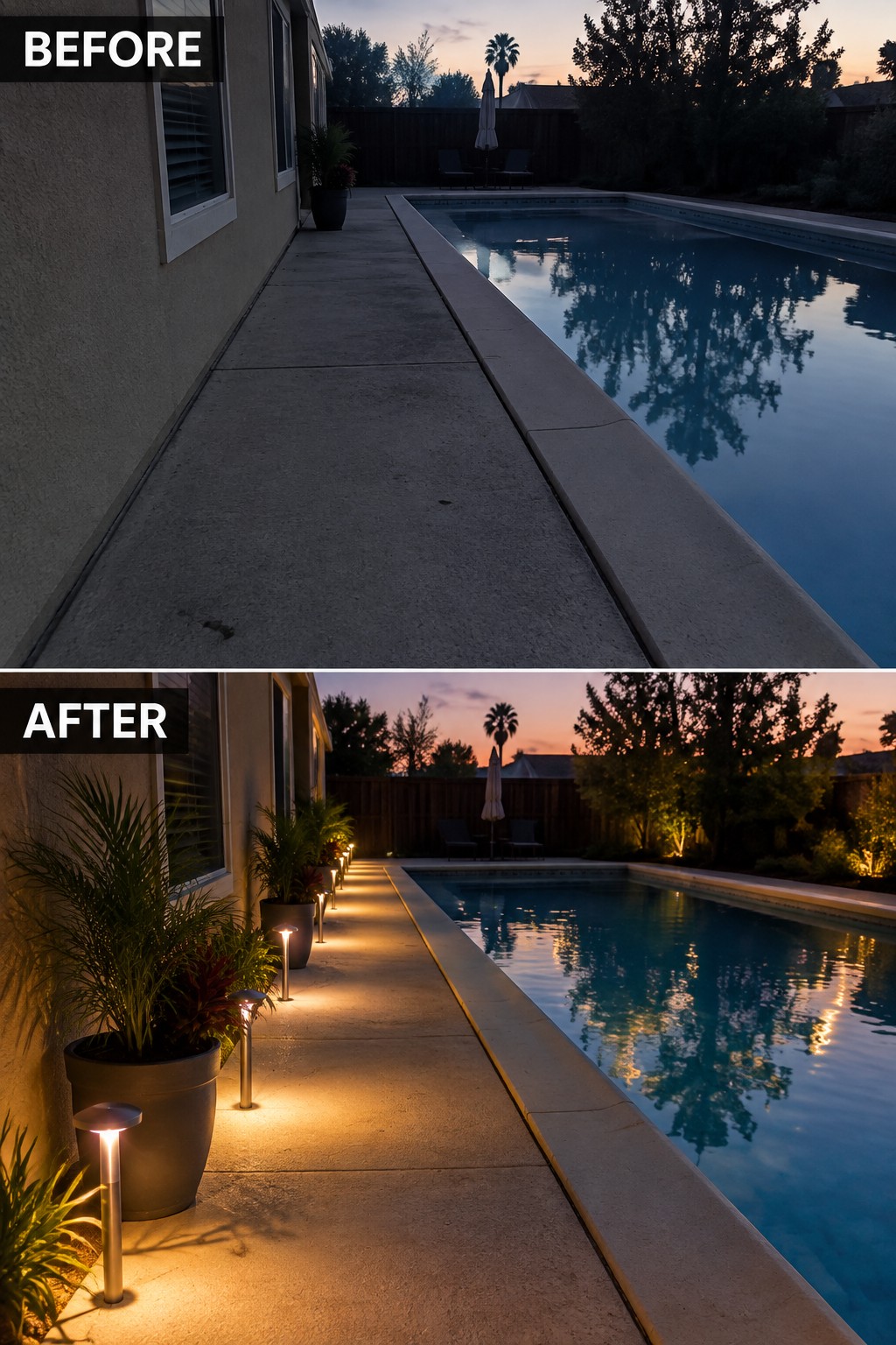 Before and after pool walkway with added pathway lights and potted plants