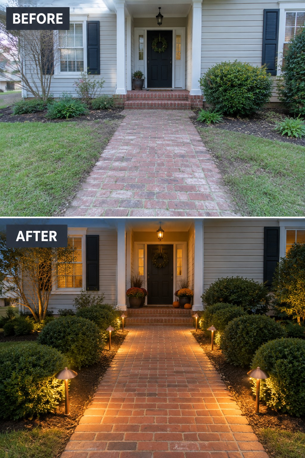 Before-and-after image of a front brick walkway shown in daylight without lighting and at night with path lights installed along both sides.