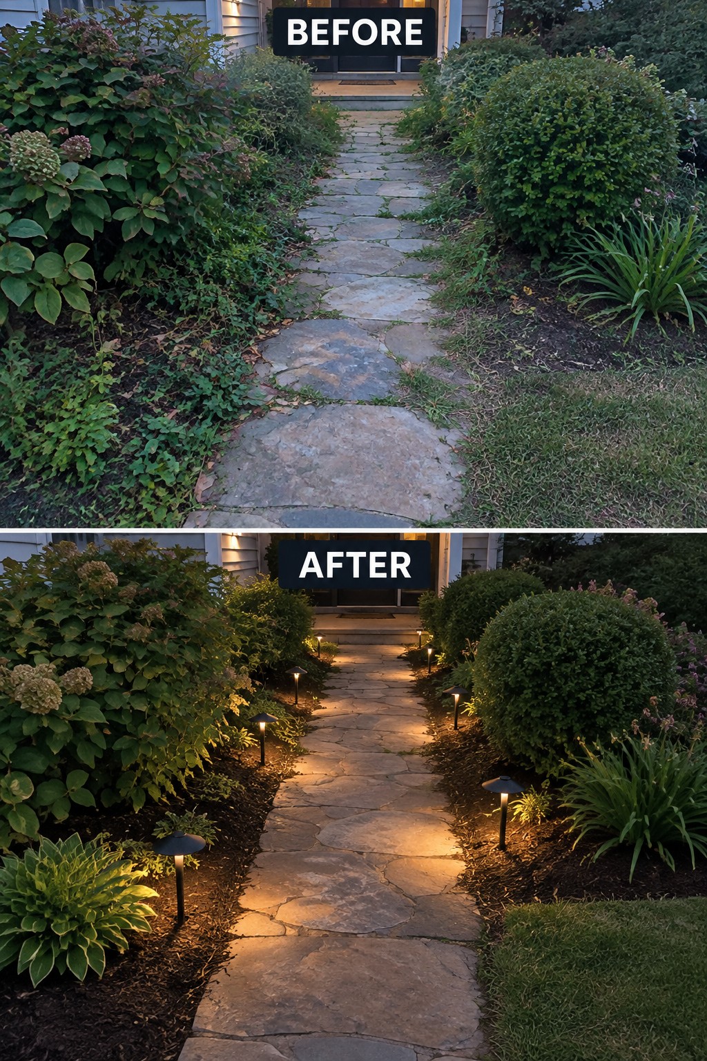 Before and after views of a stone path with added landscape lights and trimmed shrubs