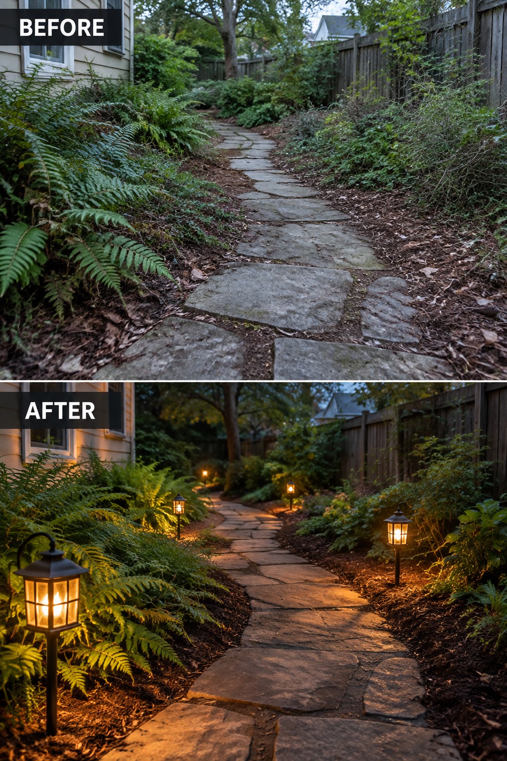 Before and after of stone garden path with added glowing black lanterns at dusk.