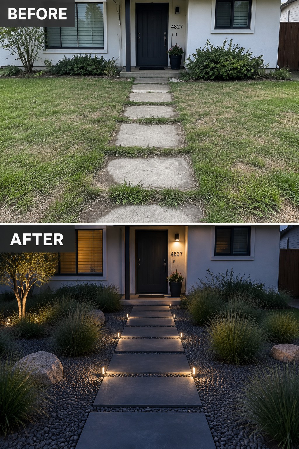 Before-and-after image of a front yard path updated with new stepping stones, gravel borders, and illuminated path lights.