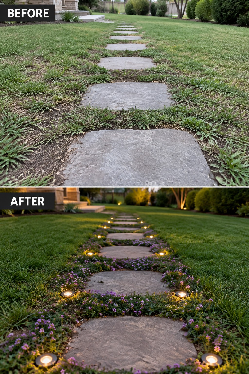 Before and after of stone path with added purple flowers and pathway lights