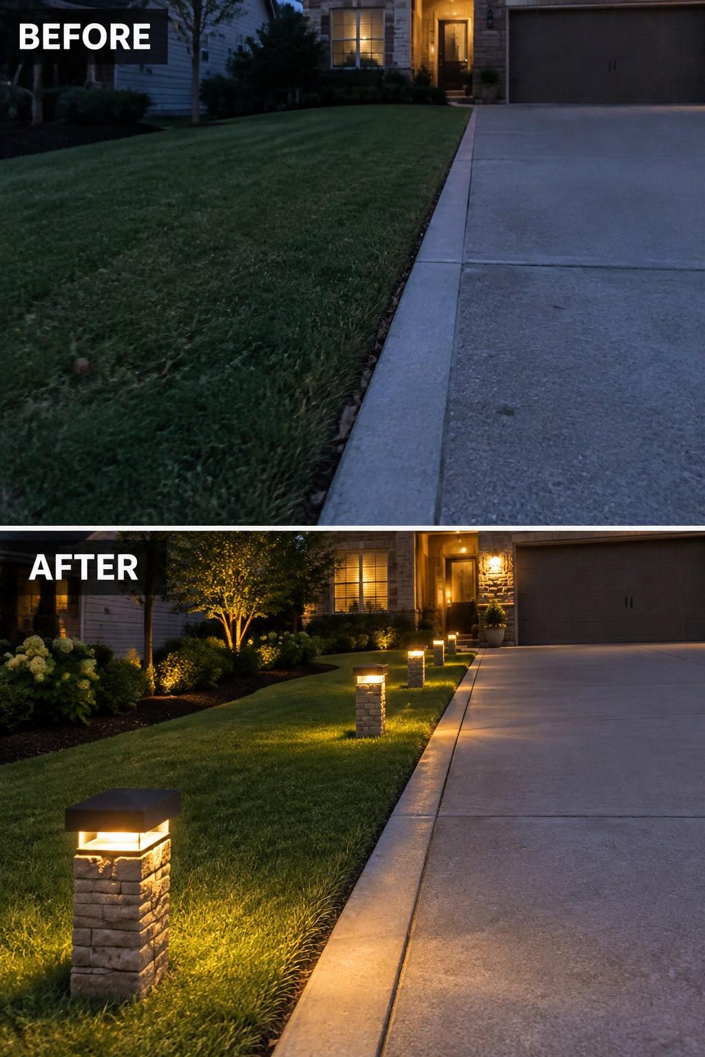 Before-and-after image of a front yard where a row of stone path lights was added along the driveway to define the lawn edge.