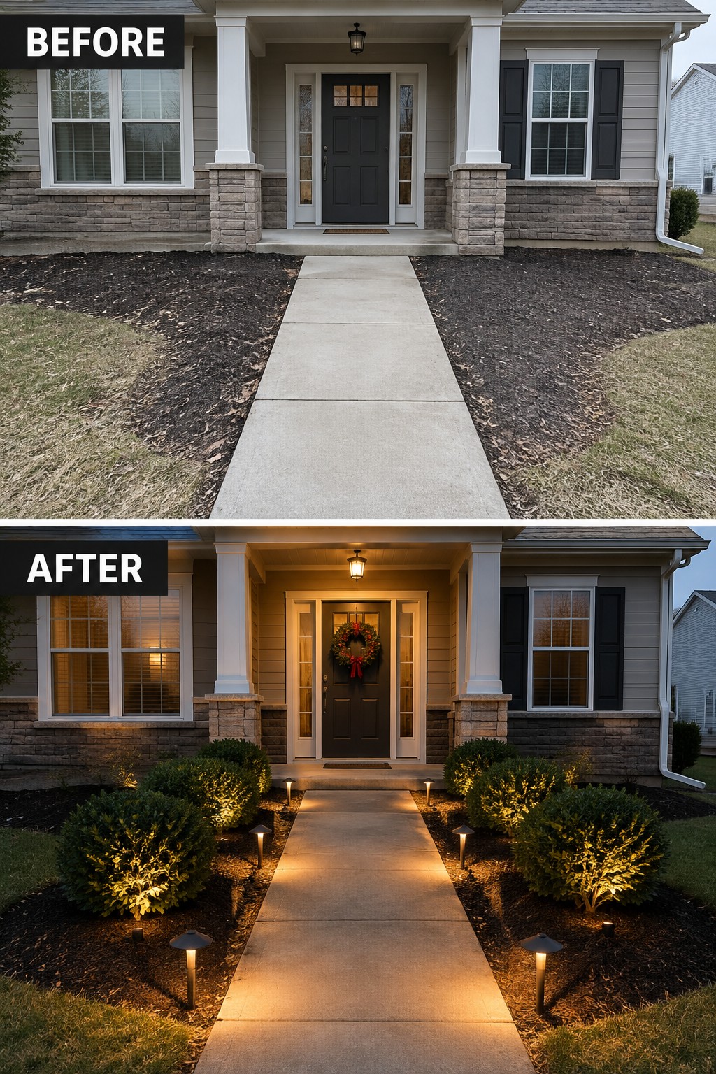 Before-and-after image of a front entry walkway updated with path lights and planted beds along both sides.
