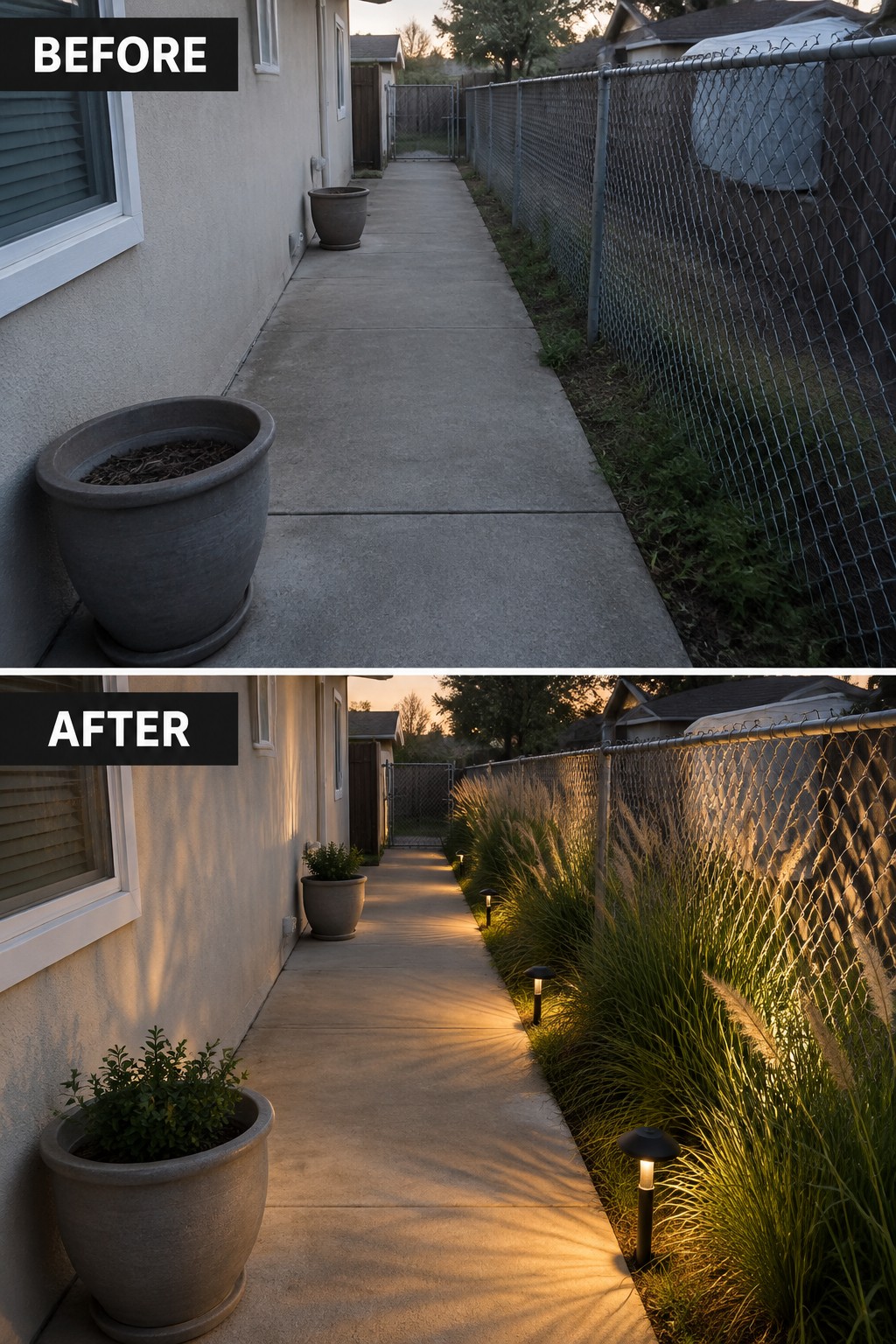 Before-and-after view of concrete walkway enhanced with tall grasses, potted plants, and glowing solar lights.