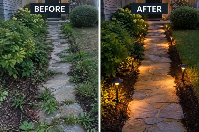Before and after views of a stone path with added landscape lights and trimmed shrubs