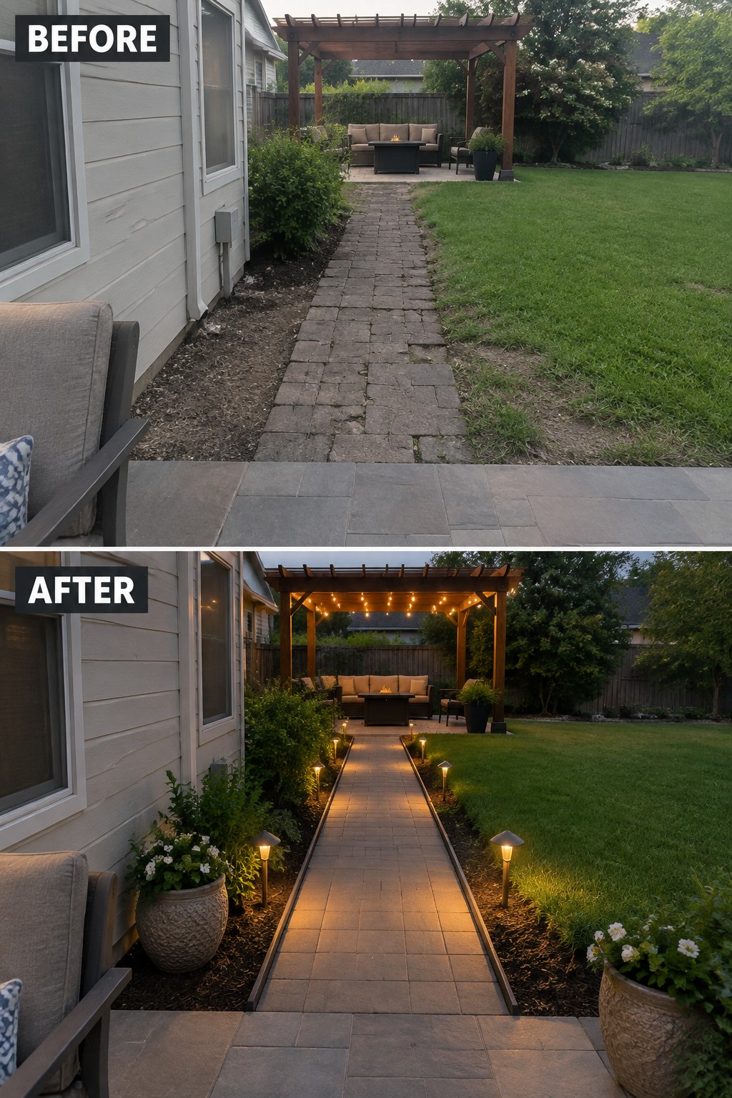 Before-and-after image of a backyard stone path transformed with path lights along the borders and added potted plants in the garden beds.