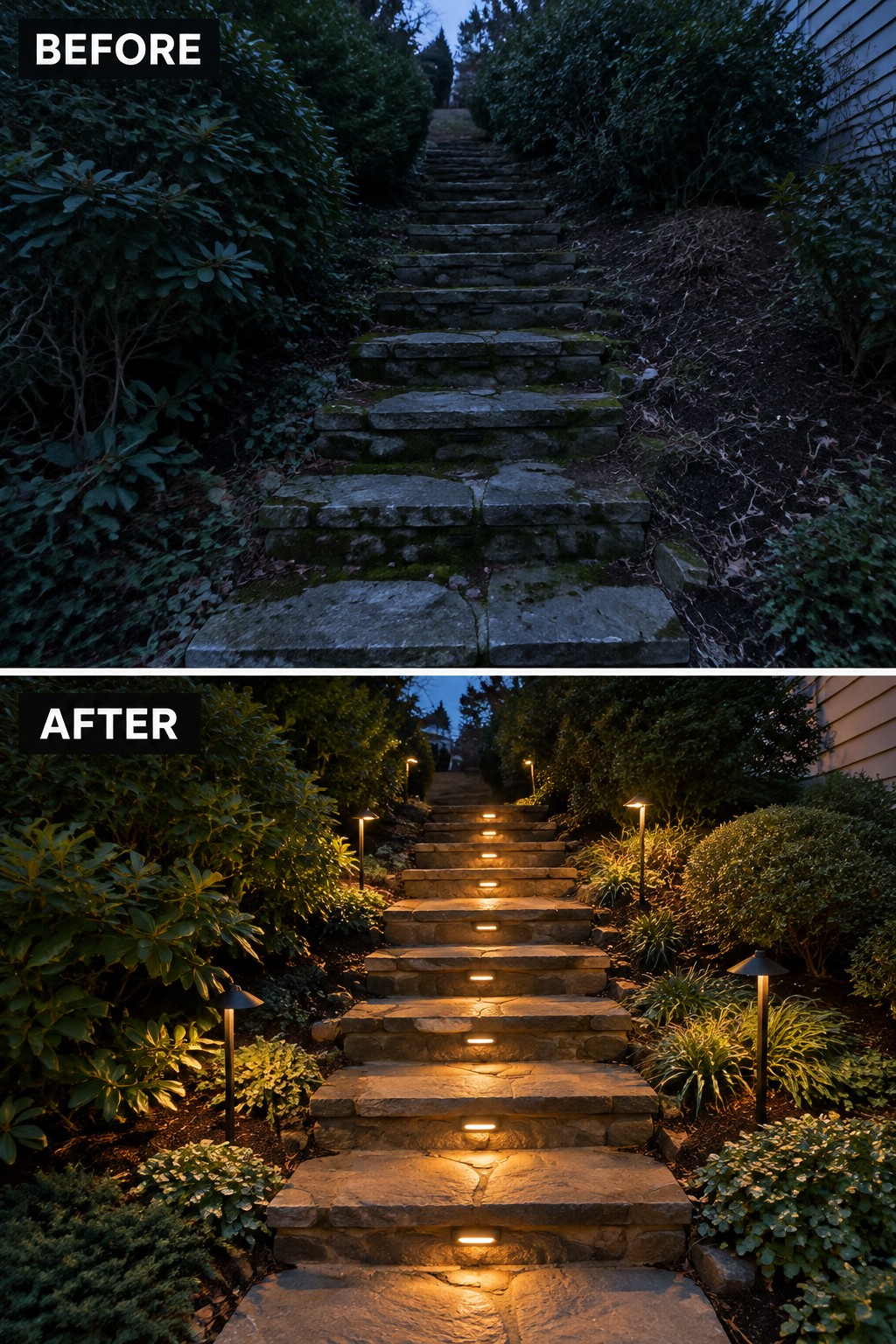 Before-and-after image of dark stone garden stairs transformed with path lights illuminating the steps and surrounding landscaping.