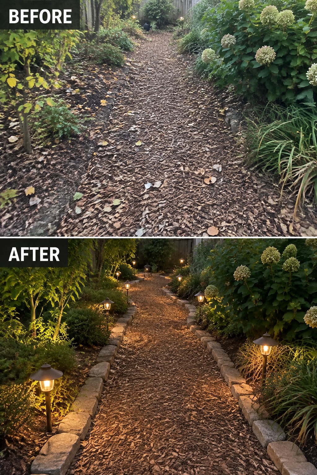 Before and after of mulched garden path with added stone borders and lights