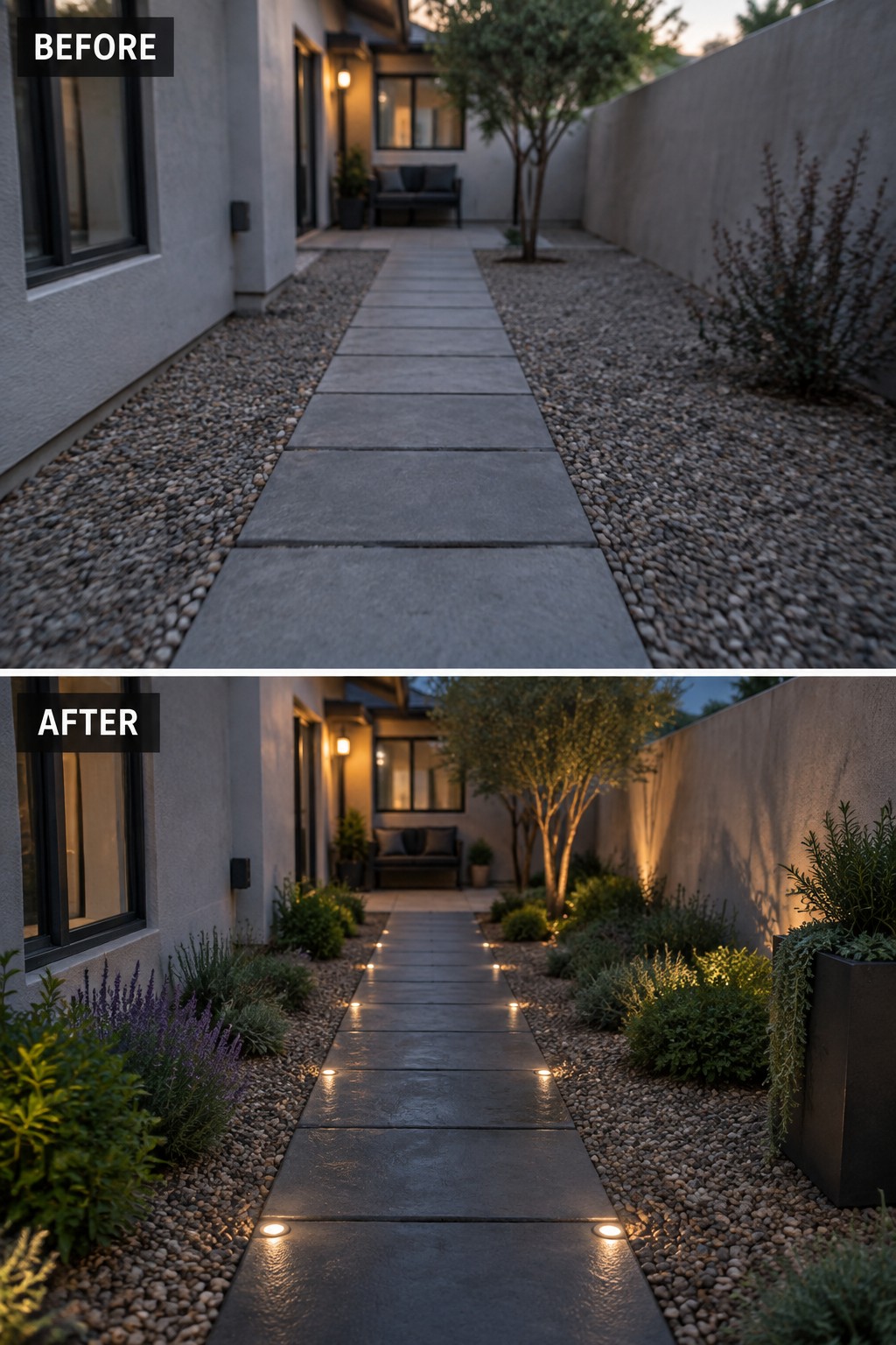 Before and after of concrete path with added plants, lights, and landscaping