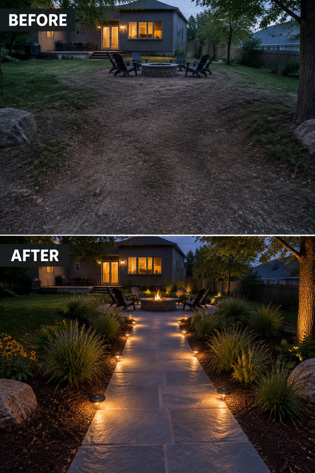 Before and after backyard makeover: dirt path to illuminated stone walkway with plants