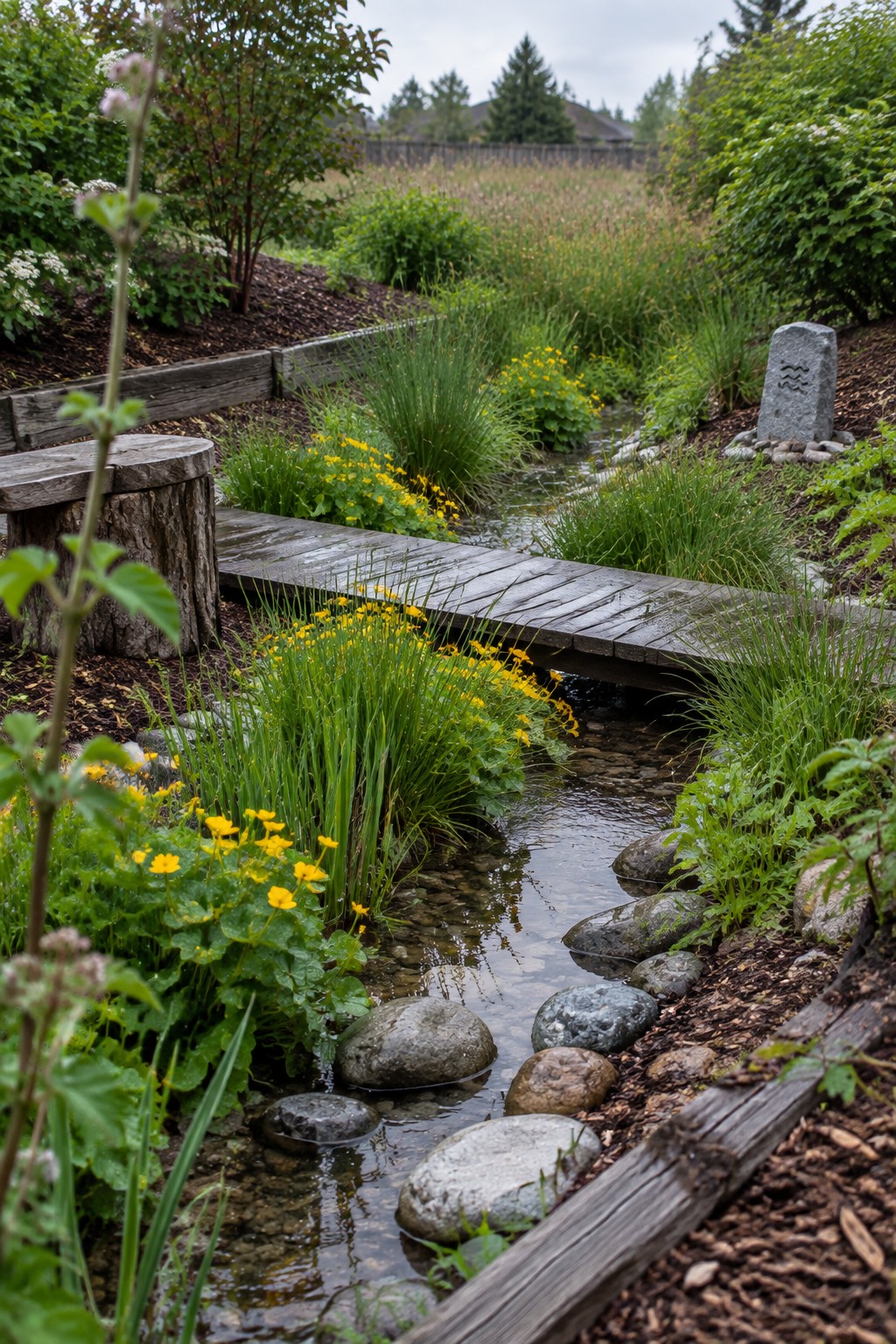 A backyard garden with a narrow stream, wooden footbridge, yellow flowers, and rocks along the banks.
