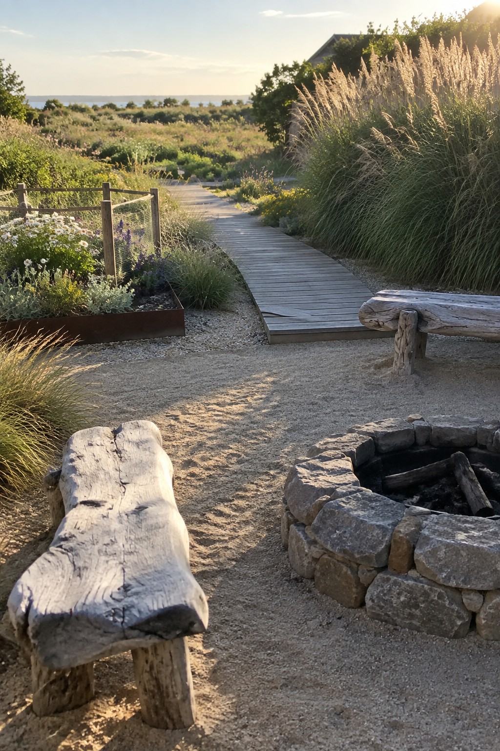 A wooden boardwalk path curves past a raised metal garden bed toward a stone fire pit with rustic log benches in a sandy backyard landscape.